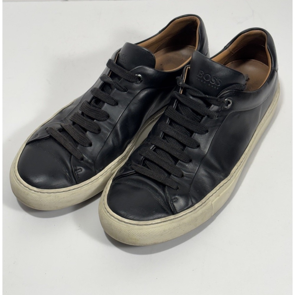 Hugo Boss Mens SZ 7‎ Casual Sneakers Flat Comfort Black Leather Lace Up Shoes